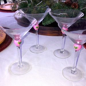 HUEPHORIA 2005 HAND-PAINTED SET OF 4 MARTINI GLASSES PALM TREE PINK GREEN EUC